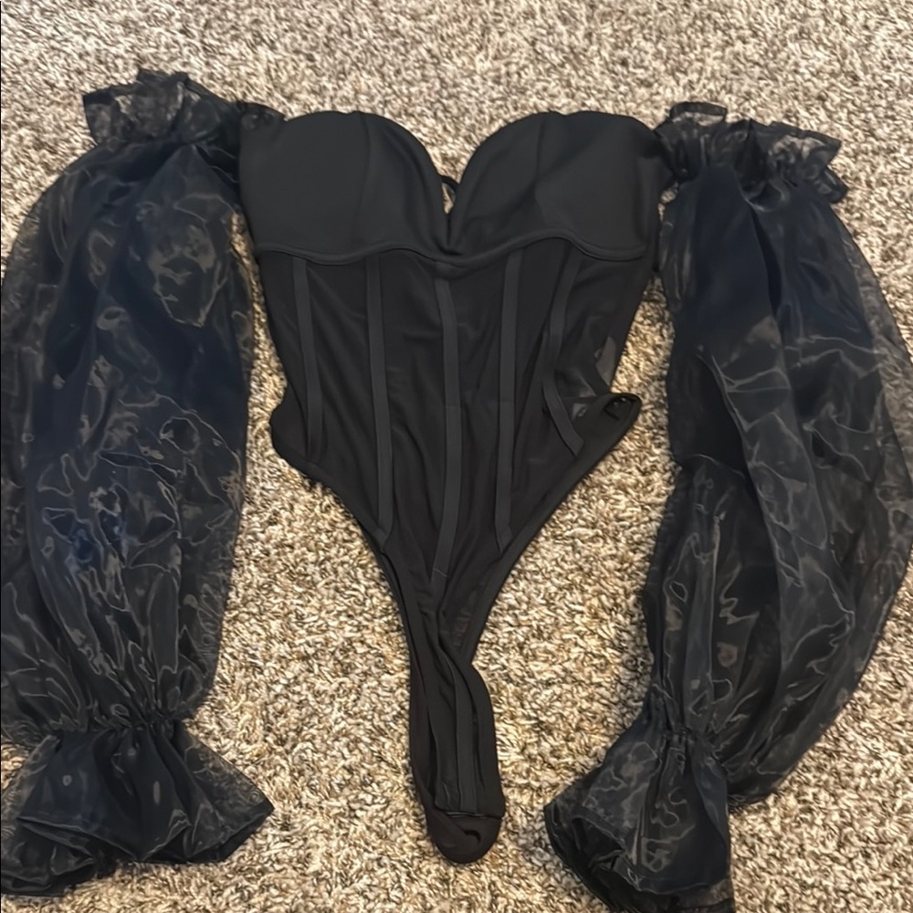 Black Corset Bodysuit with Sheer Sleeves